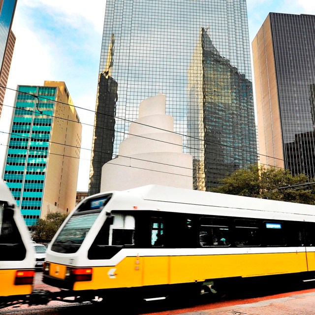 Thanksgiving Tower in Downtown Dallas with DART train