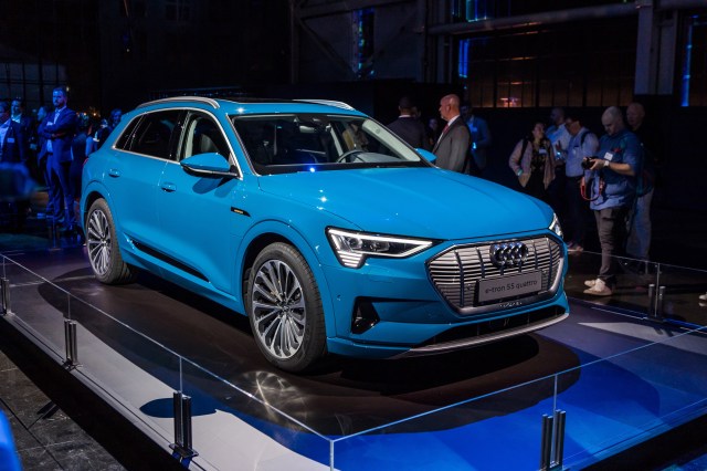 Blue Audi e-tron at auto show near me