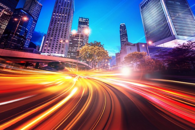 Streaking car lights at night
