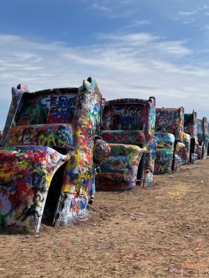 Cars in a line at Cadillac Ranch
