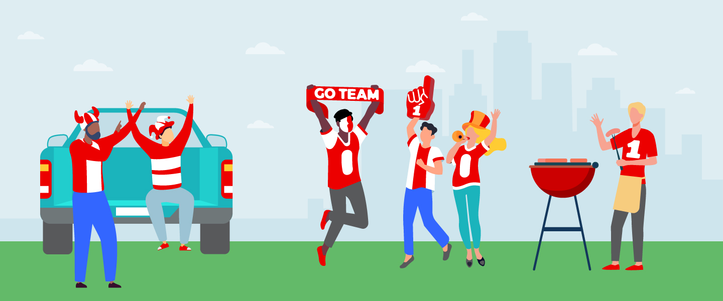Illustration of fans wearing red and white gear supporting their team and having a tailgater party.