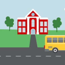 Illustration of school bus in front of a school and students playing soccer
