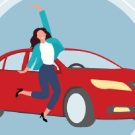 Female car shopper jumping for joy after purchasing new car