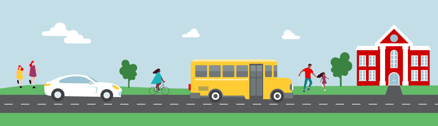 Illustration of a school scene with a school bus, person on a bicycle and parents taking kids to school.