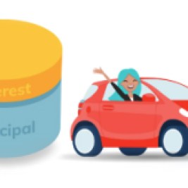 Illustration of person in car next to pillar that says Principal and Interest.