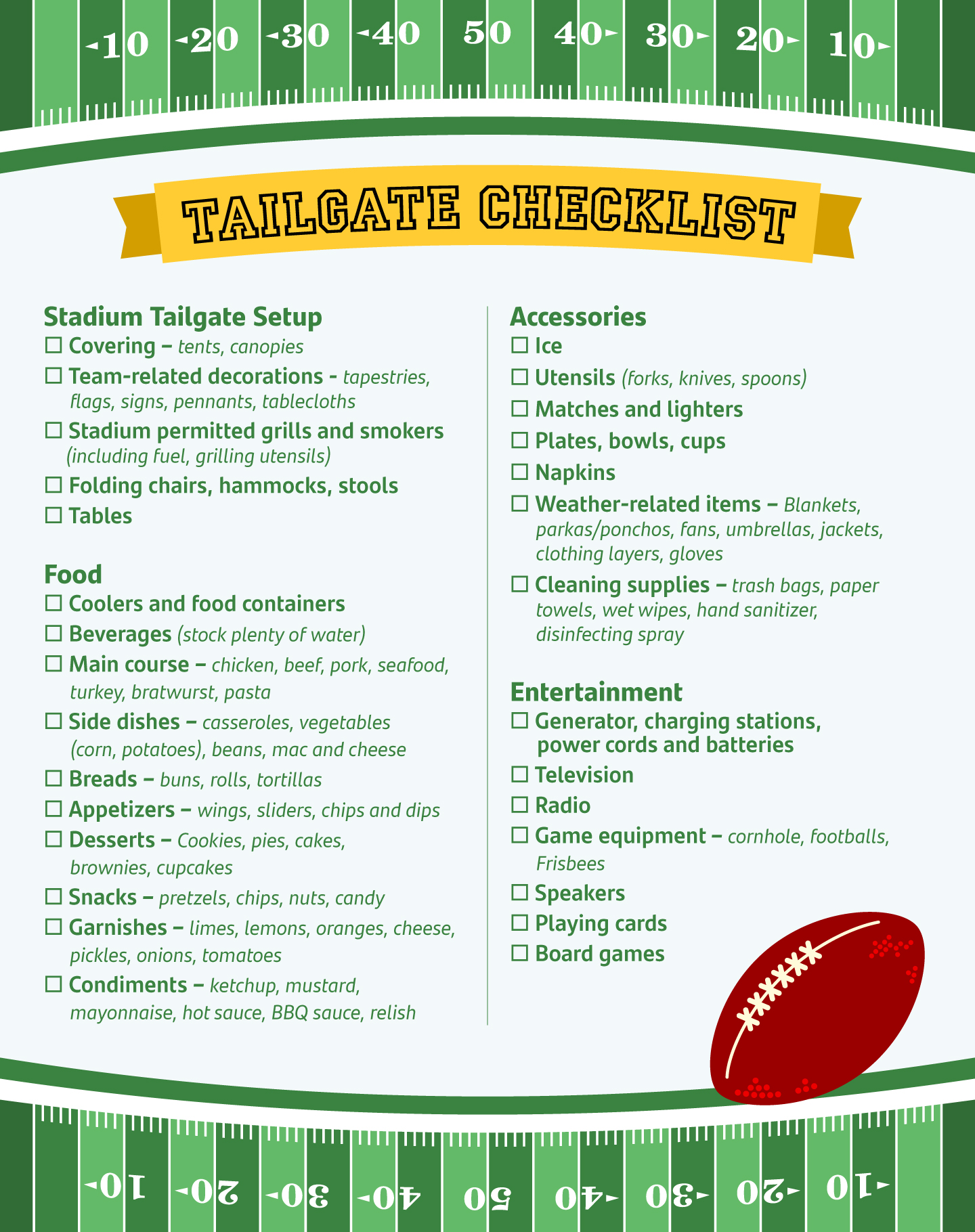 Infographic showing essential tailgate party checklist for a successful game day.