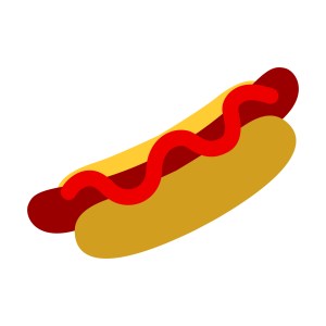 Illustration of a hot dog with mustard and ketchup.