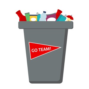 Illustration of a full trash can with Go Team on the side.