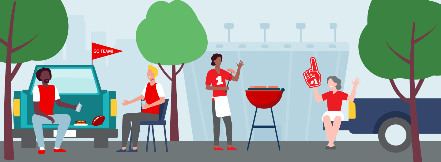 Illustration of fans wearing red and white gear supporting their team and having a tailgate party.