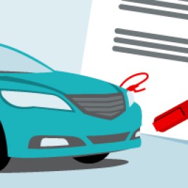 Illustration of the front end of a car with a signed piece of paper with pen behind it.