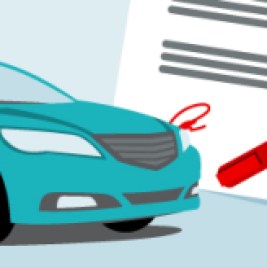 Illustration of the front end of a car with a signed piece of paper with pen behind it.