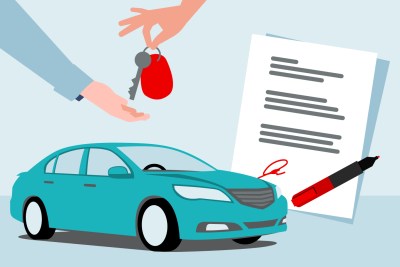 Illustration of a car in front of a signed piece of paper with pen and outstretched hand receiving keys from another hand.