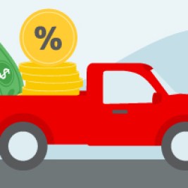 An illustration of a truck carrying coins and dollar bills to denote APR and interest rate values in vehicle financing.