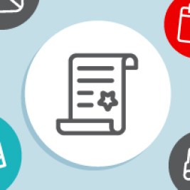 Illustration with icons including image of a dollar bill, pen and paper, envelope and letter, calendar, clipboard with check marks, car and official-looking document.