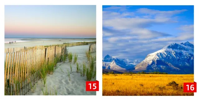 An image collage of a Cape Cod beach path, and mountains and plains.