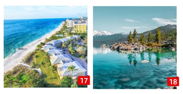 An image collage of a Florida beach and Lake Tahoe’s waters.