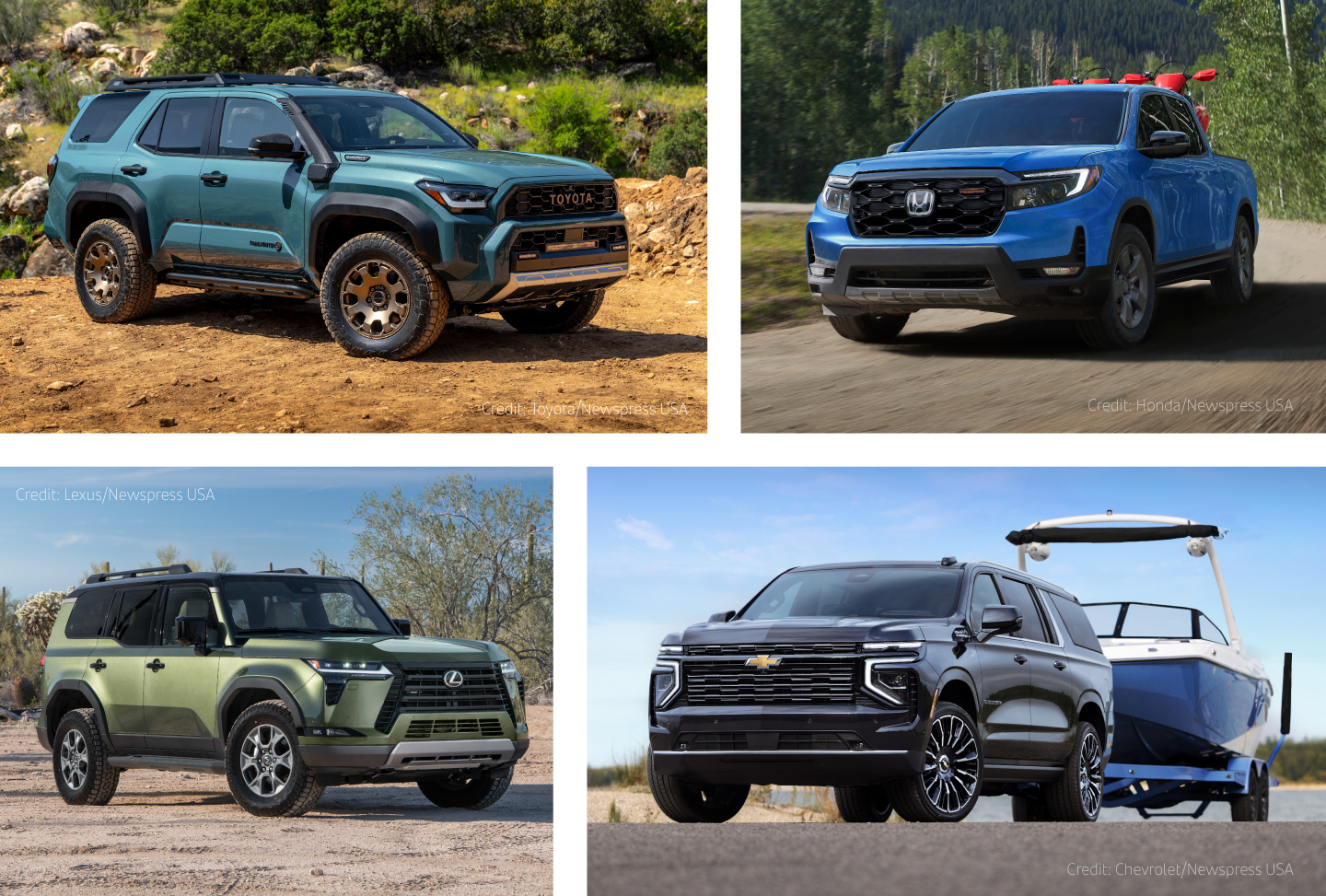 Collage of four vehicles including a Toyota 4Runner SUV, Honda Ridgeline TrailSport pickup truck, Lexus GX SUV and Chevrolet Suburban High Country SUV towing a boat.