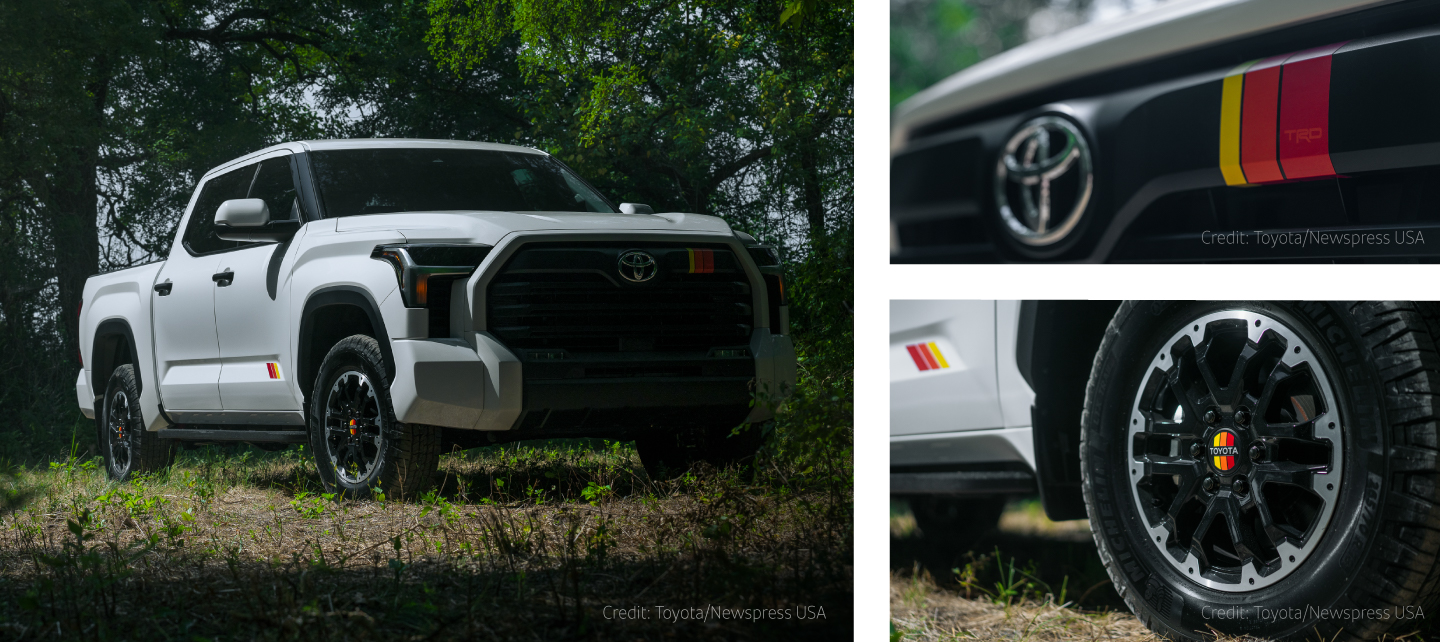 Collage of three images featuring the 2025 Toyota Tundra TRD Rally Package